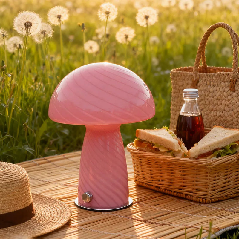 Lampe champignon rose en verre rayé - Variateur tactile — photo 1