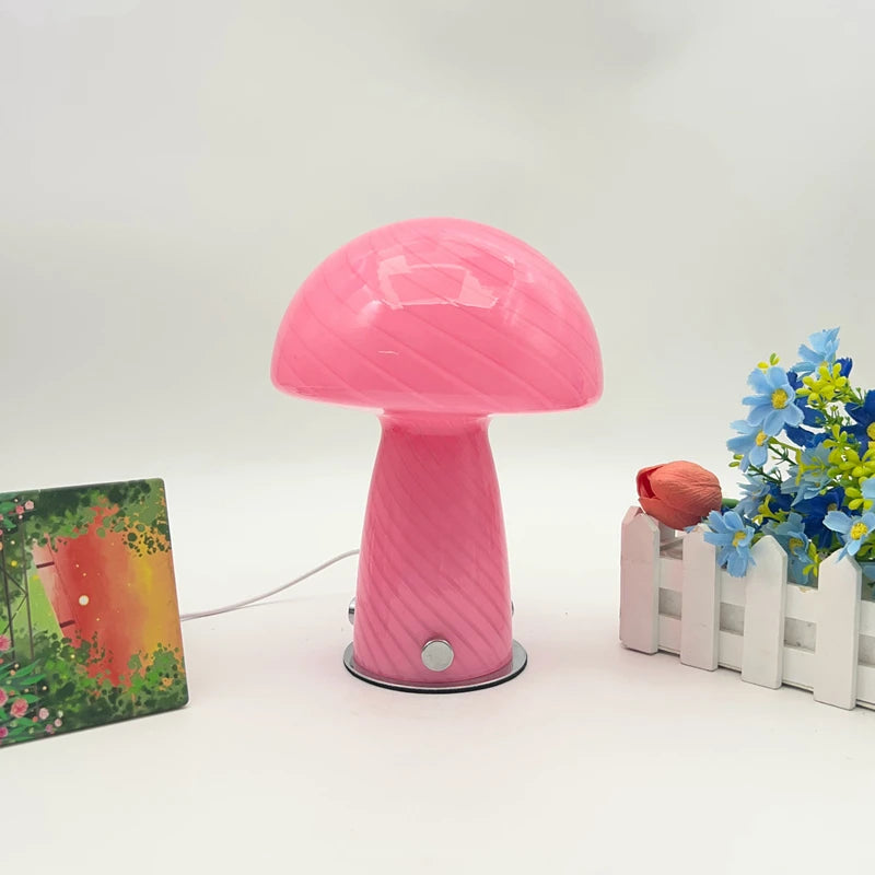 Lampe champignon rose en verre rayé - Variateur tactile — photo 7