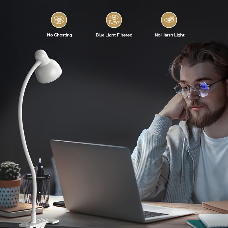 Lampe de bureau à pince en cinq coloris, col souple USB