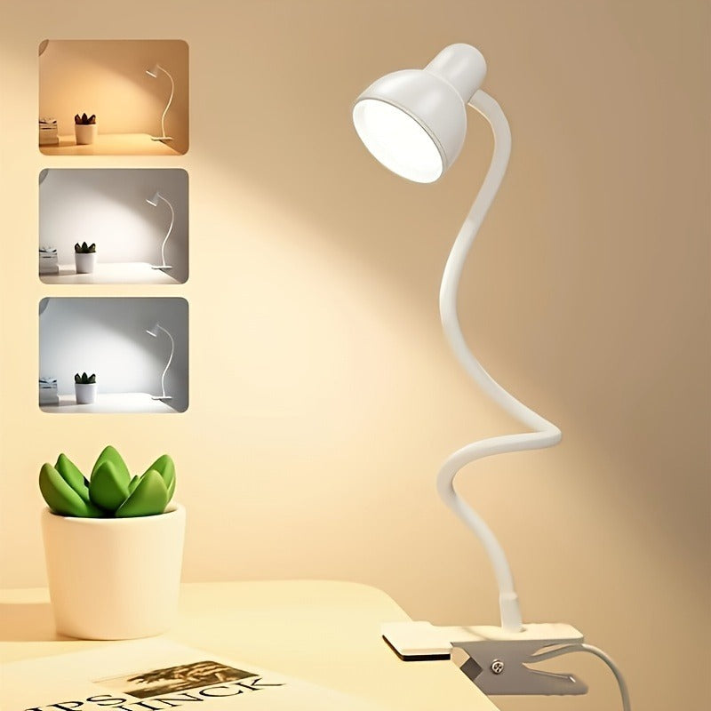 Lampe de bureau à pince en cinq coloris, col souple USB