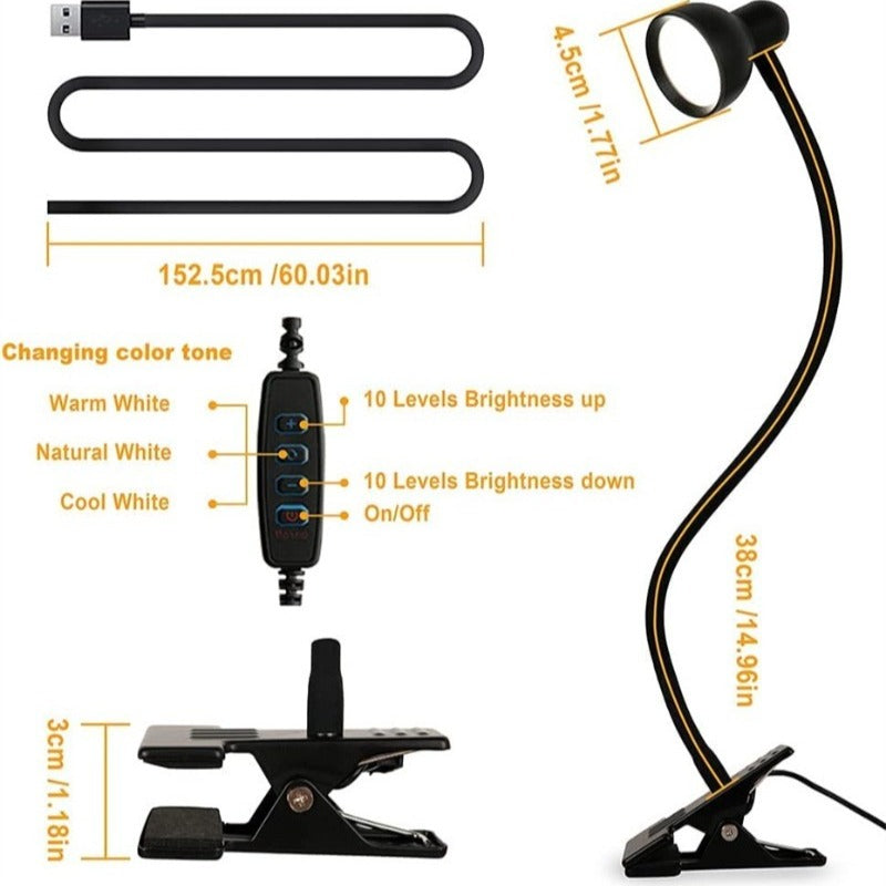 Lampe de bureau à pince en cinq coloris, col souple USB