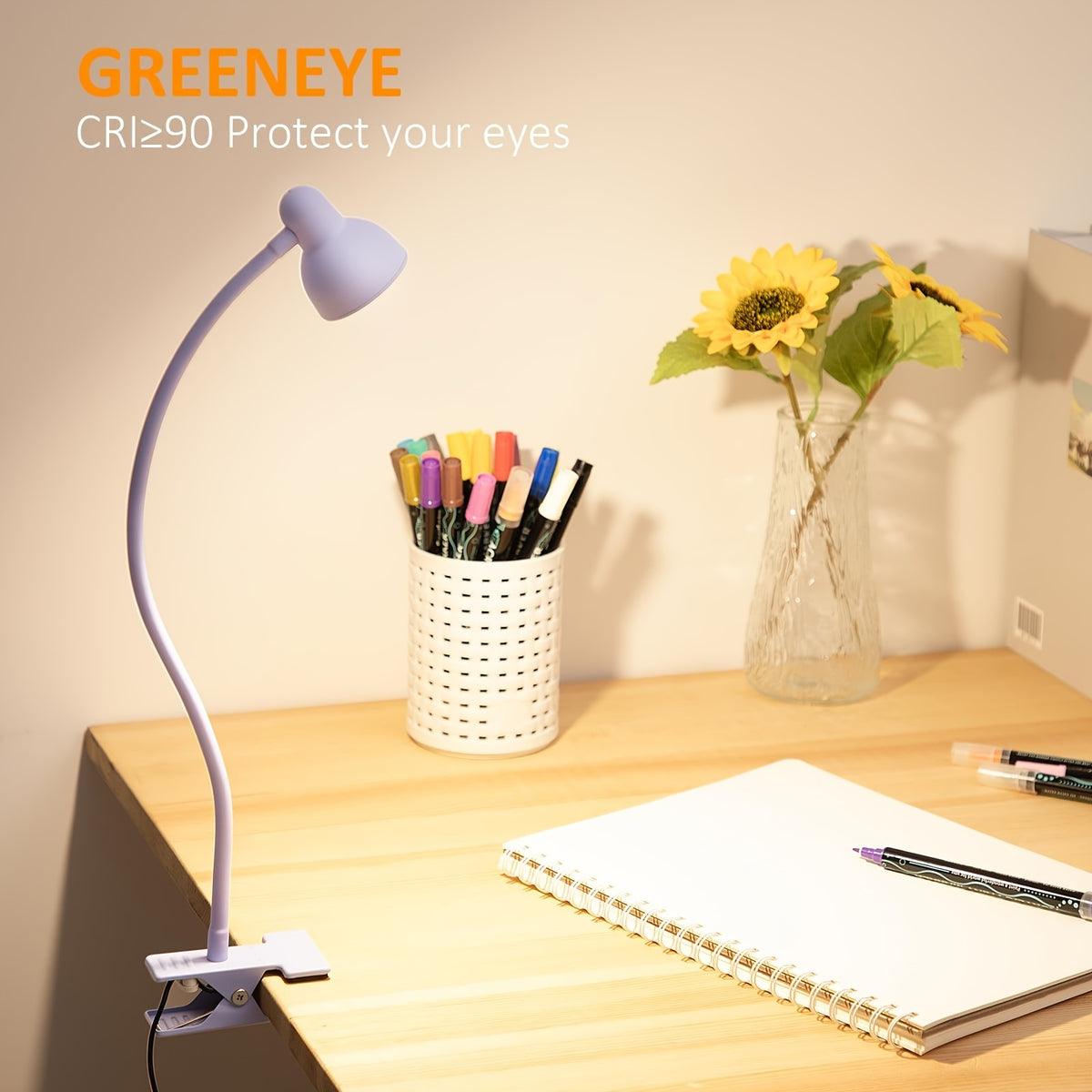 Lampe de bureau à pince en cinq coloris, col souple USB