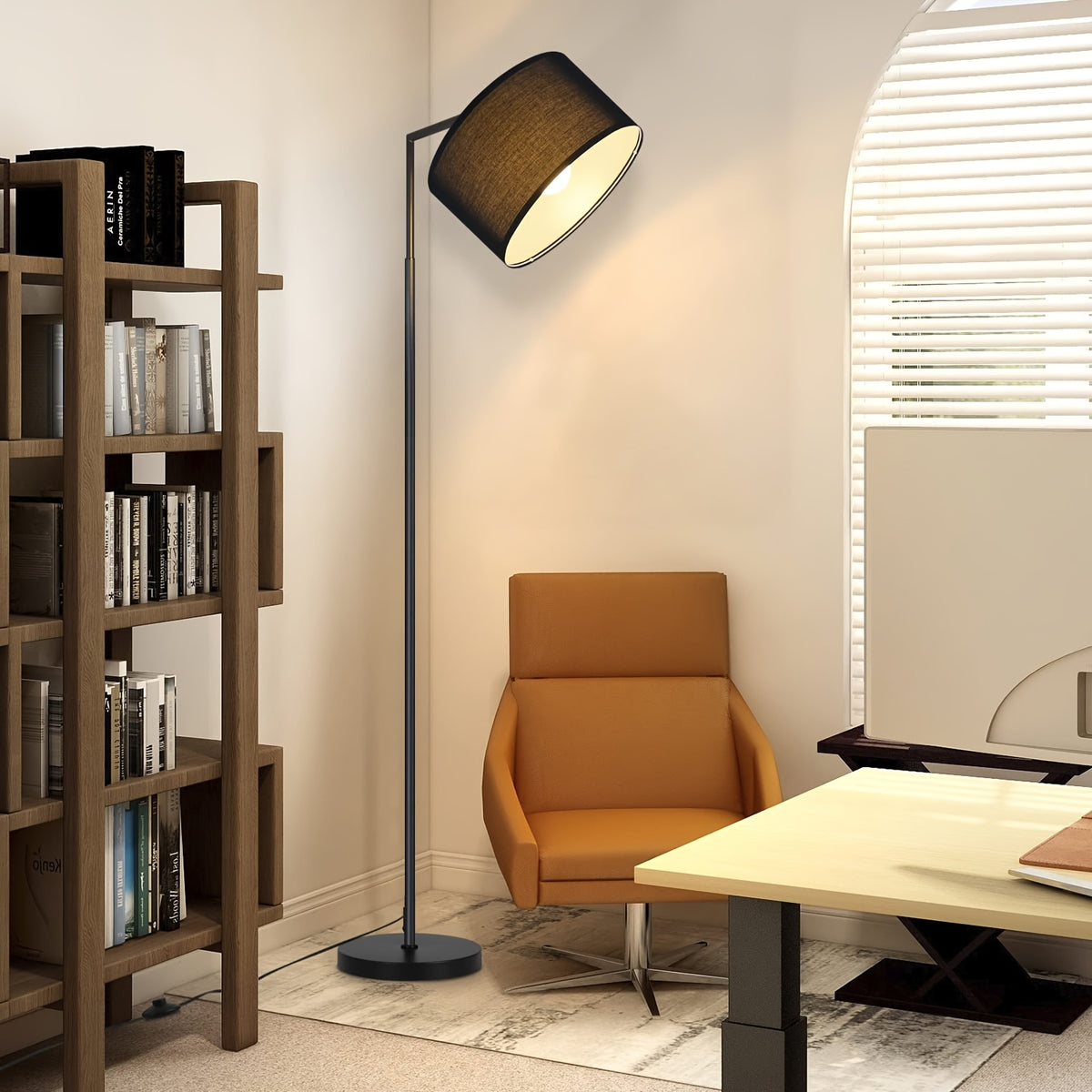 Lampe de bureau à arc de 166 cm, abat-jour tambour noir