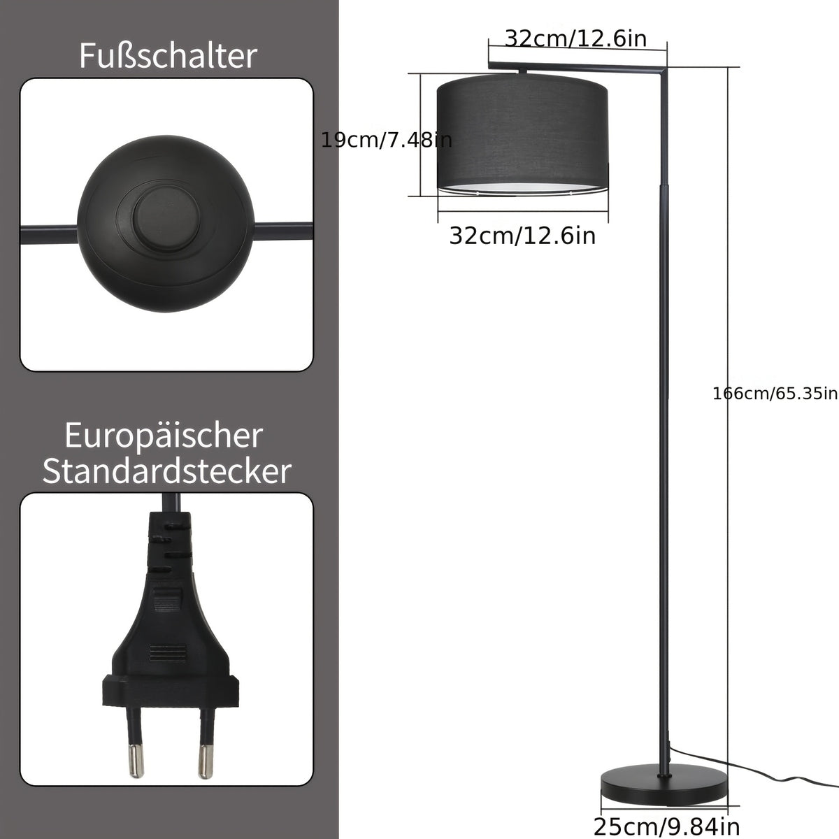 Lampe de bureau à arc de 166 cm, abat-jour tambour noir