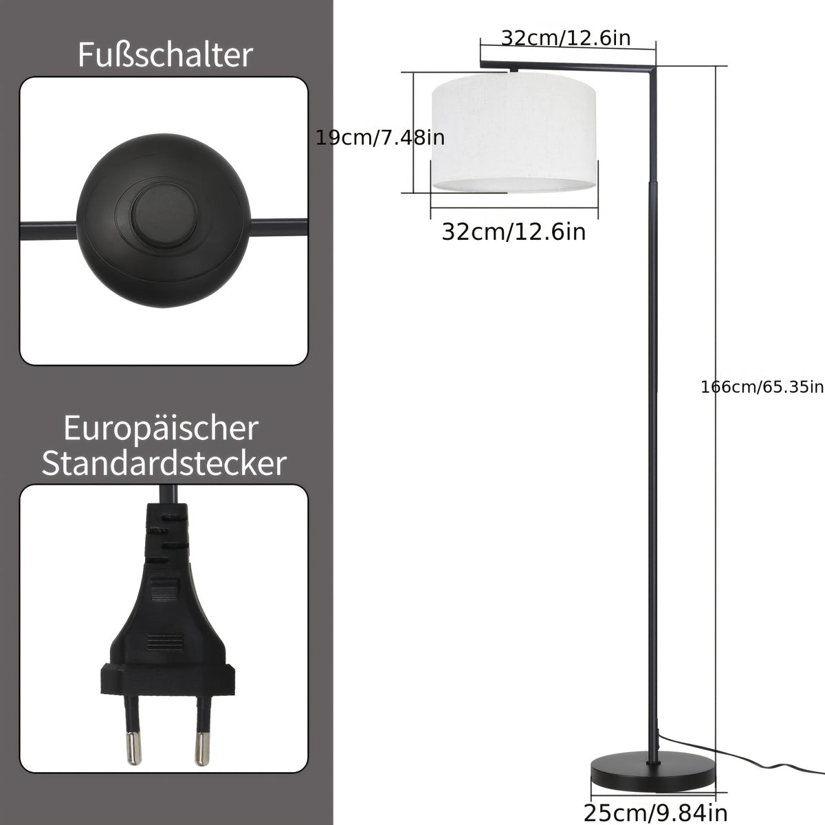 Lampe de bureau à arc de 166 cm, abat-jour tambour noir