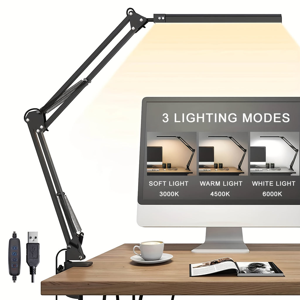 Lampe de bureau architecte à pince, barre LED noire USB