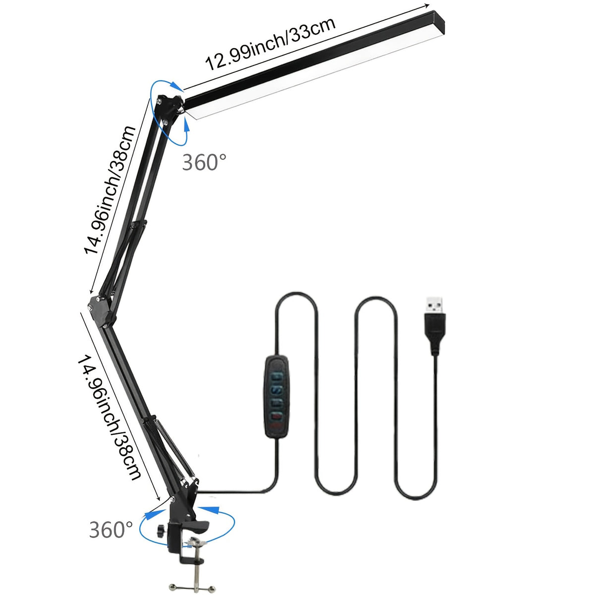 Lampe de bureau architecte à pince, barre LED noire USB