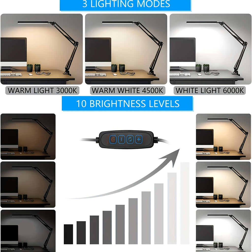 Lampe de bureau architecte à pince, barre LED noire USB