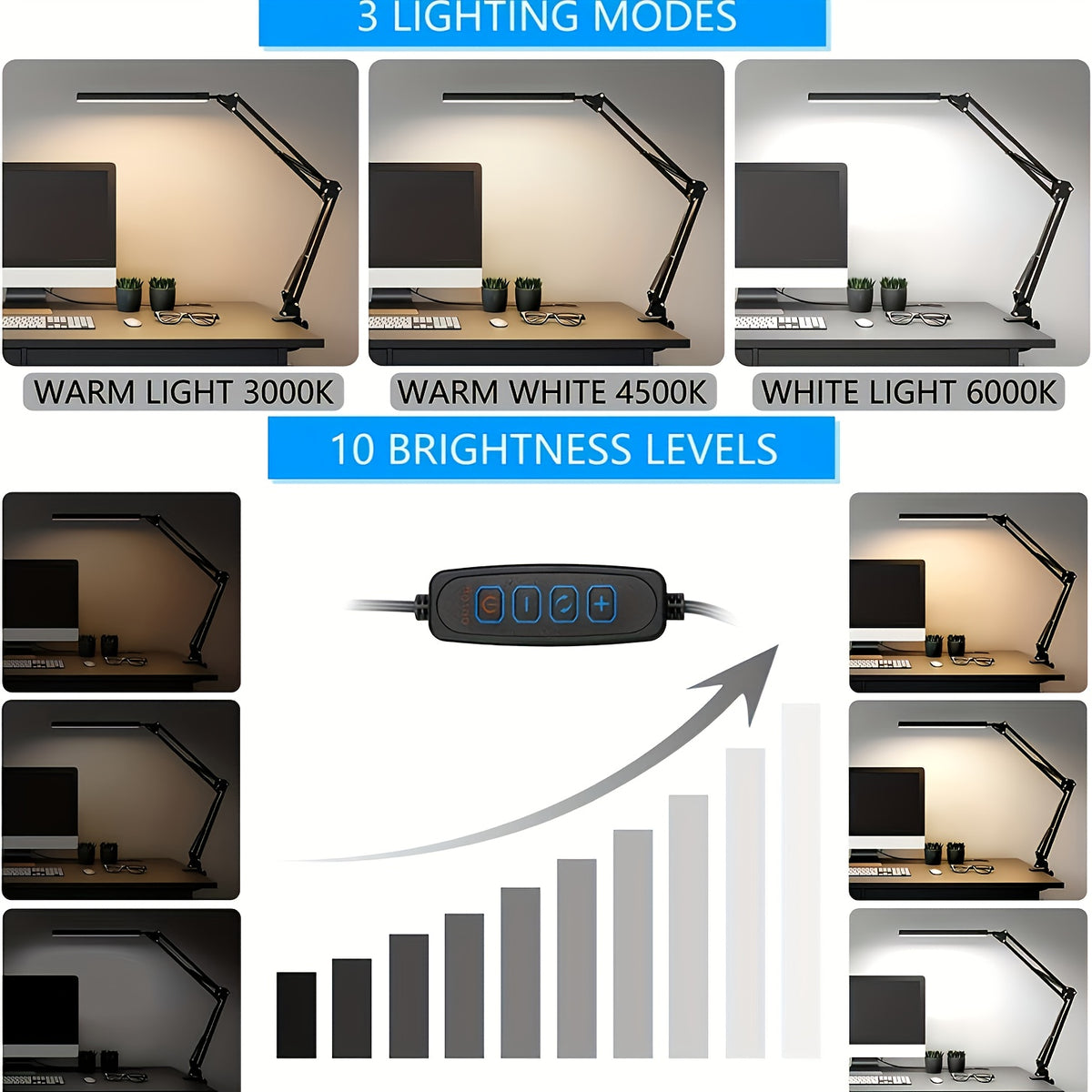 Lampe de bureau architecte à pince, barre LED noire USB