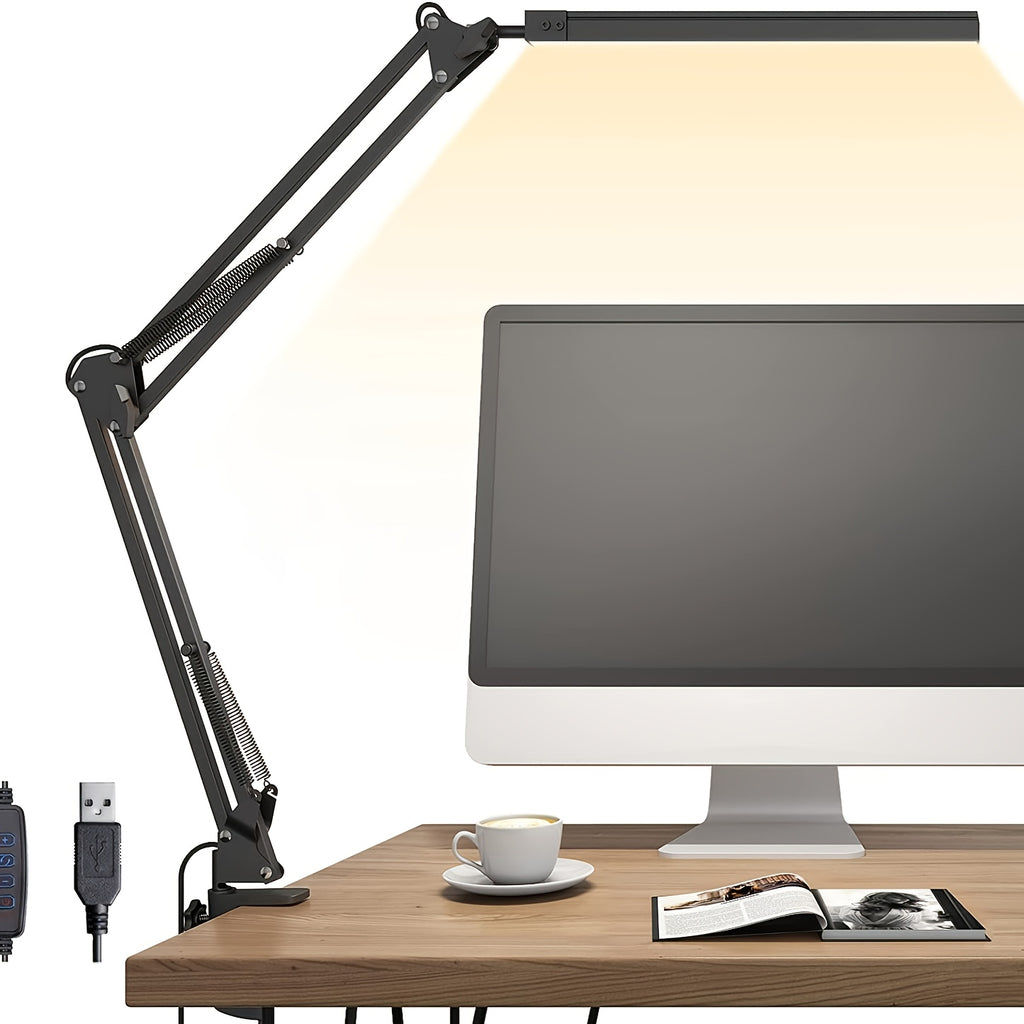 Lampe de bureau architecte à pince, barre LED noire USB