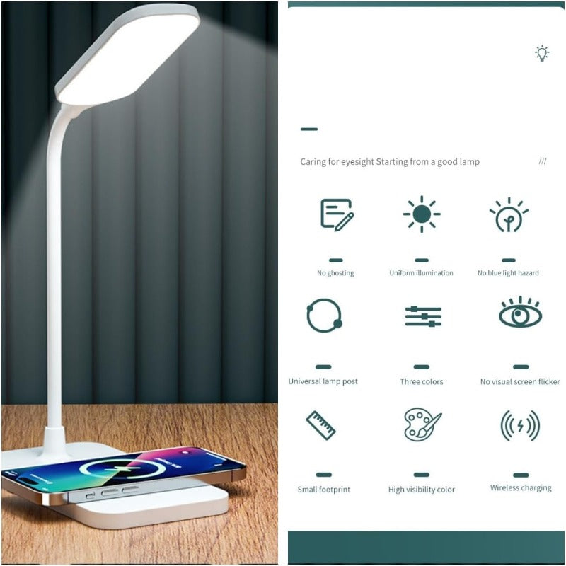 Lampe de bureau blanche 26 cm, socle à charge sans fil 15 W