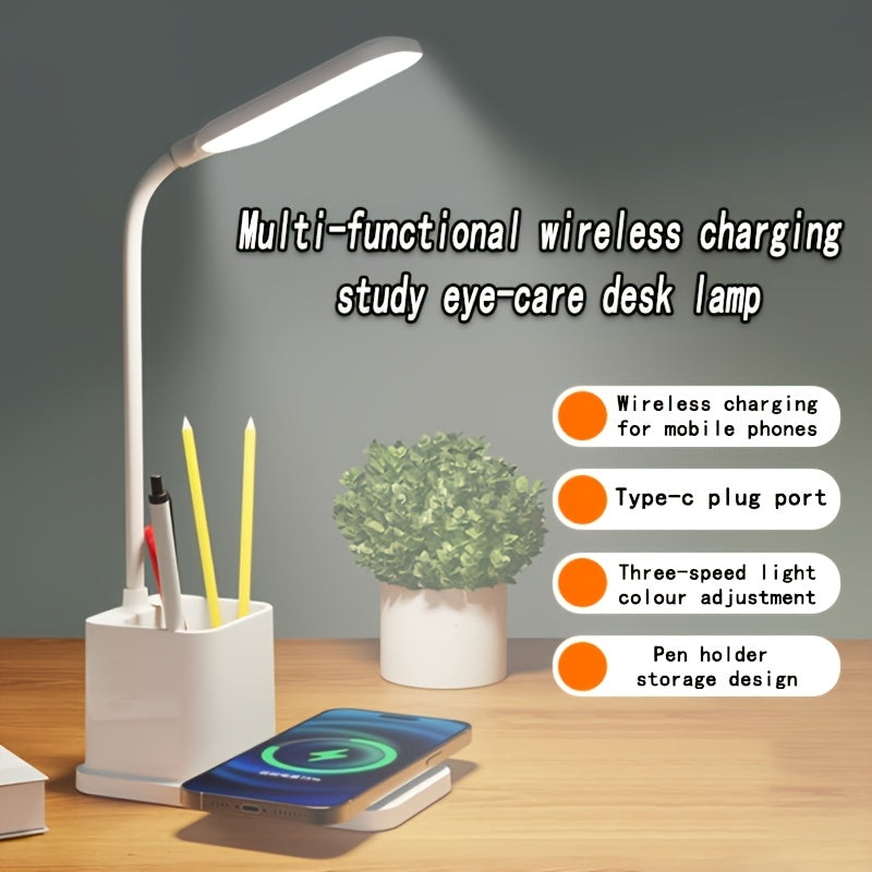 Lampe de bureau blanche à chargeur induction et pot à stylos