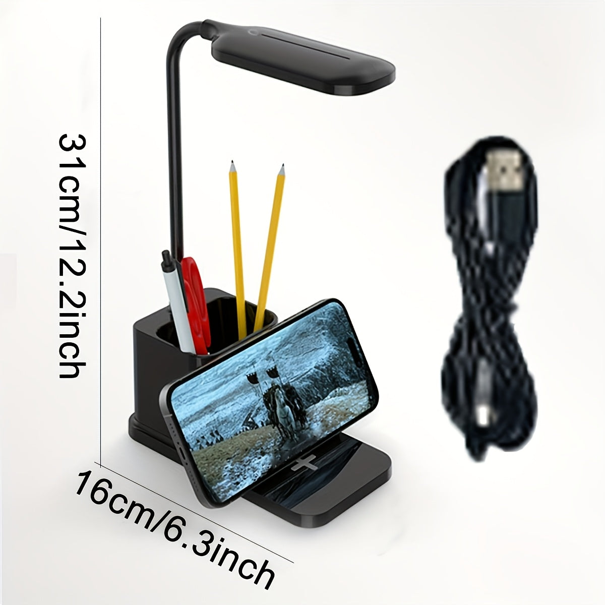 Lampe de bureau blanche à chargeur induction et pot à stylos