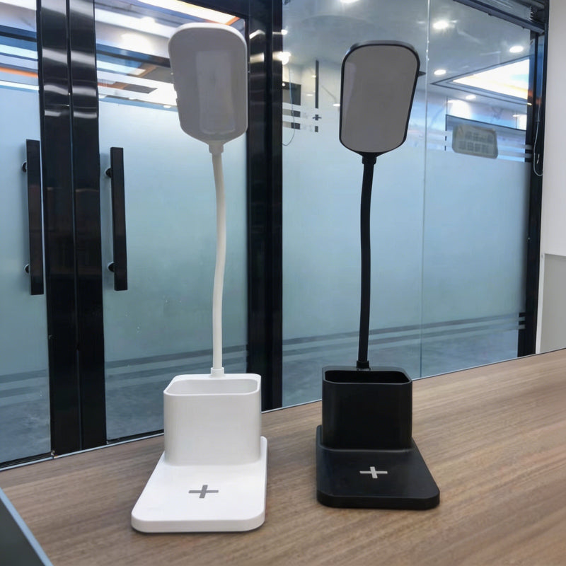 Lampe de bureau blanche à chargeur induction et pot à stylos