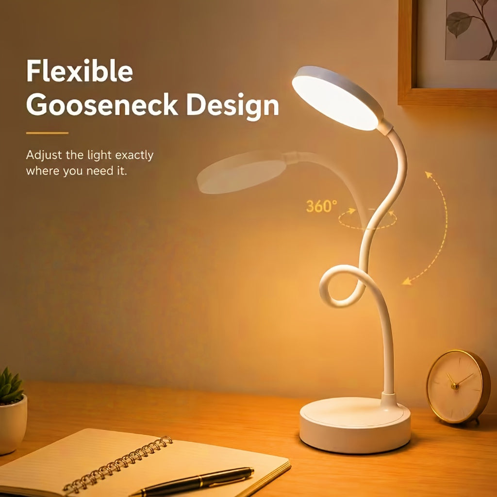 Lampe de bureau blanche à col de cygne, sur piles AA ou USB