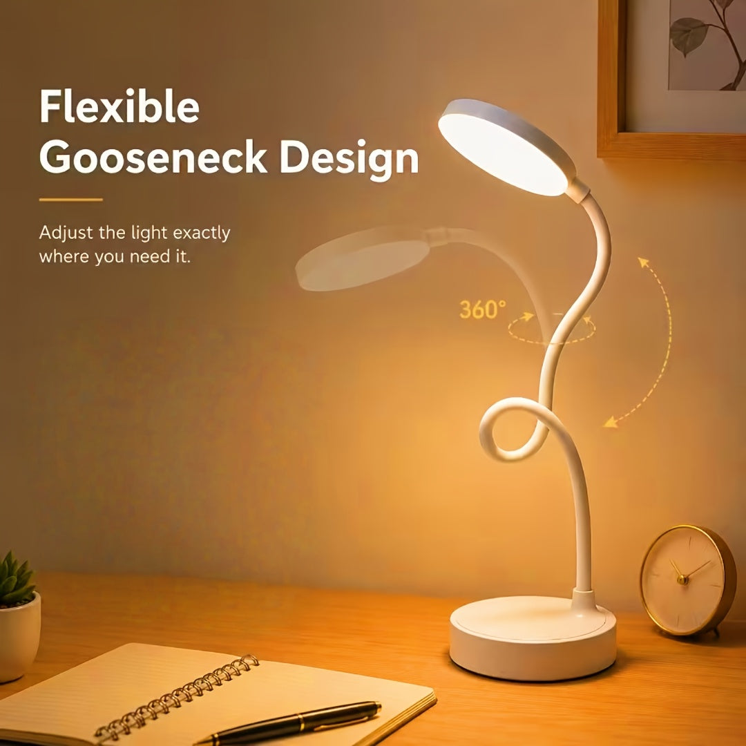 Lampe de bureau blanche à col de cygne, sur piles AA ou USB