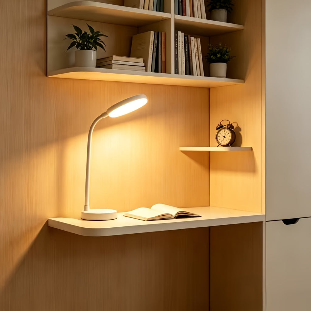 Lampe de bureau blanche à col de cygne, sur piles AA ou USB