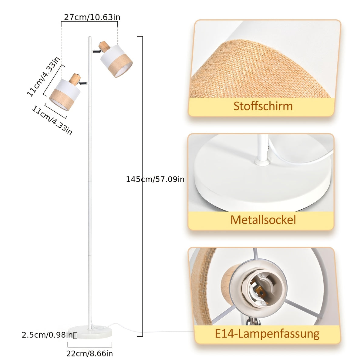 Lampe de bureau blanche à deux abat-jour pivotants, 145 cm