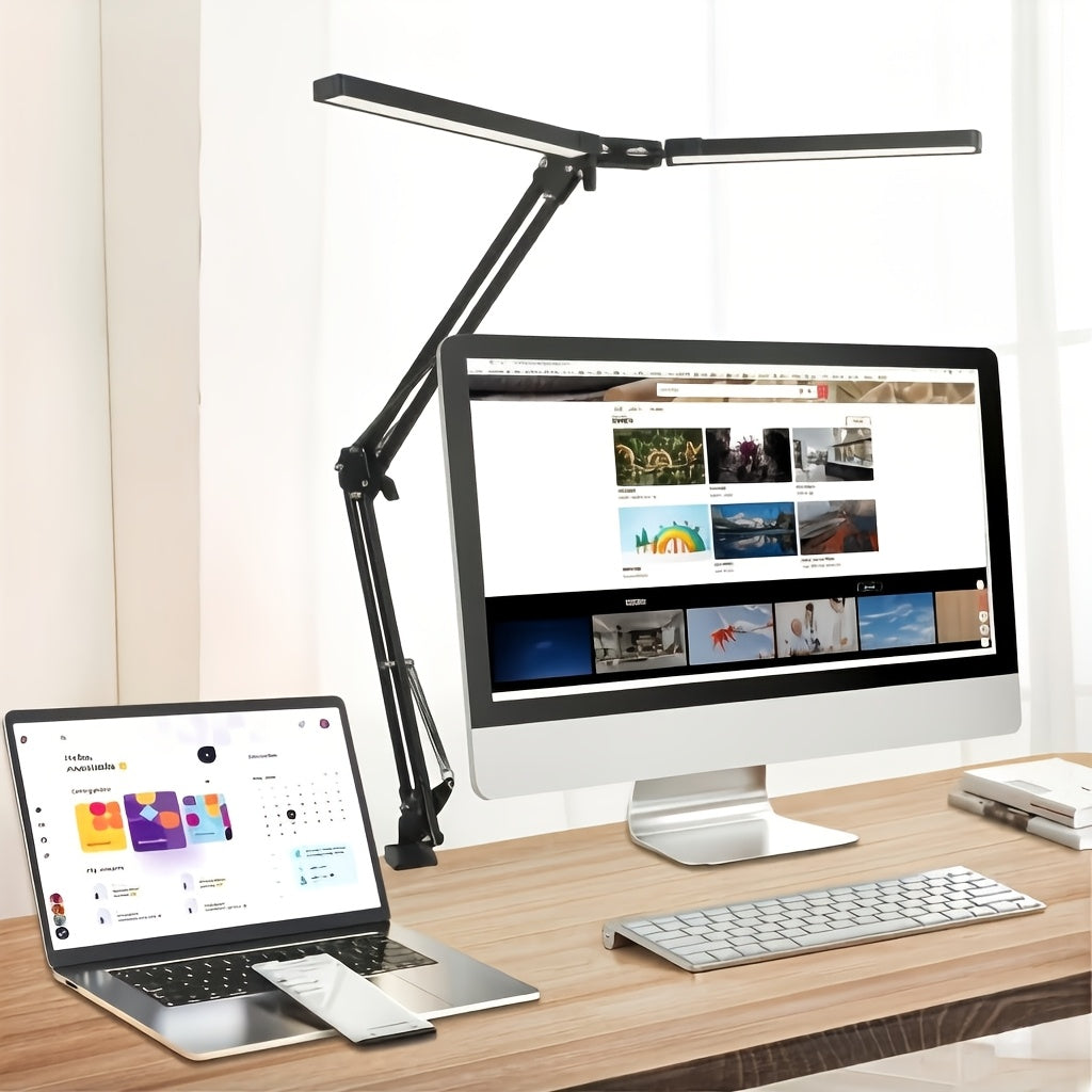 Lampe de bureau LED double tête à pince, 70 cm d'envergure