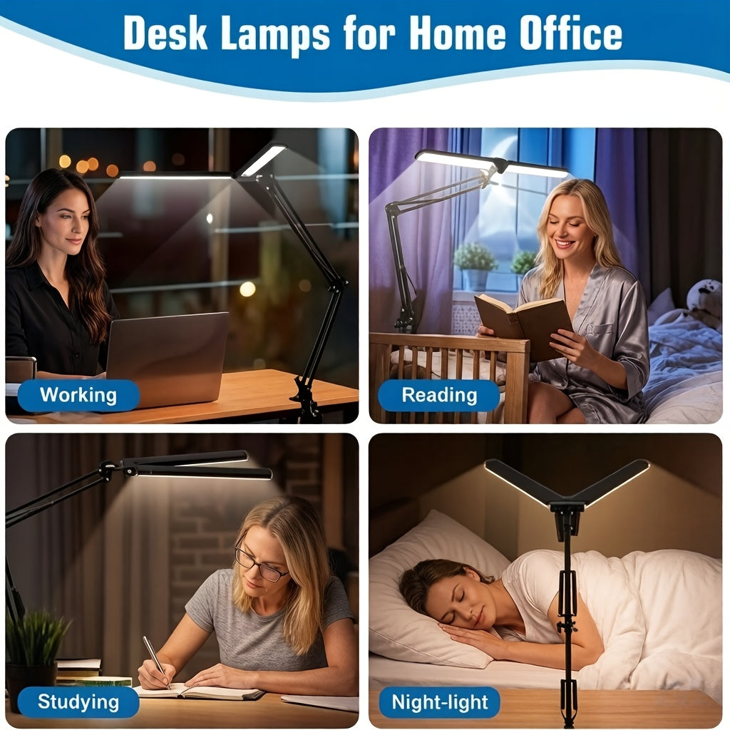 Lampe de bureau LED double tête à pince, 70 cm d'envergure