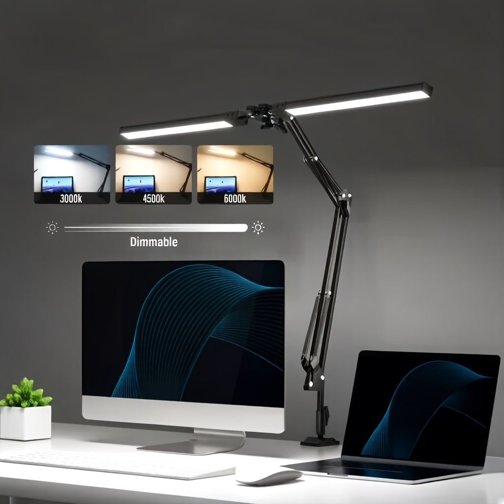 Lampe de bureau LED double tête à pince, 70 cm d'envergure