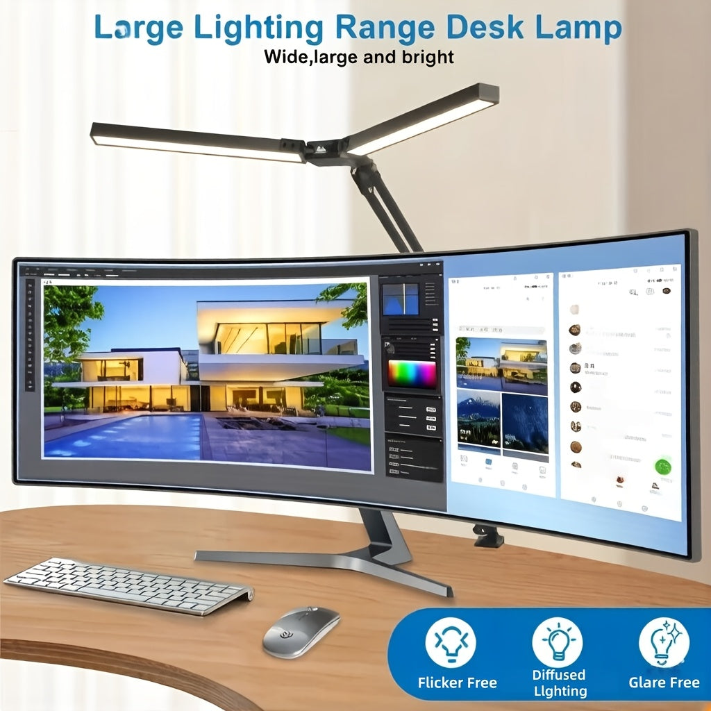 Lampe de bureau LED double tête à pince, 70 cm d'envergure