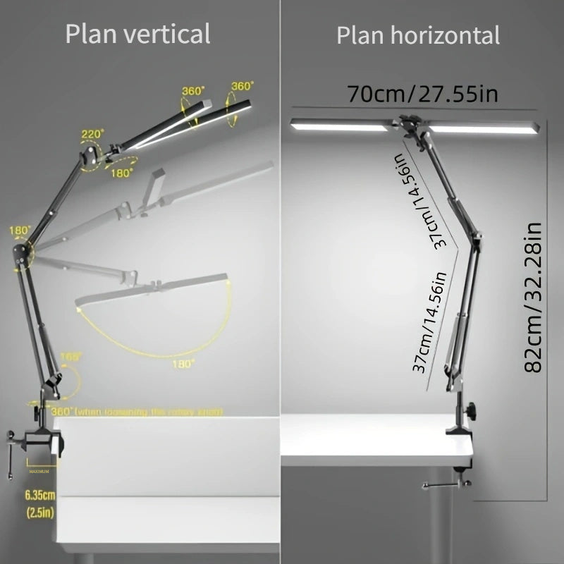 Lampe de bureau LED double tête à pince, 70 cm d'envergure