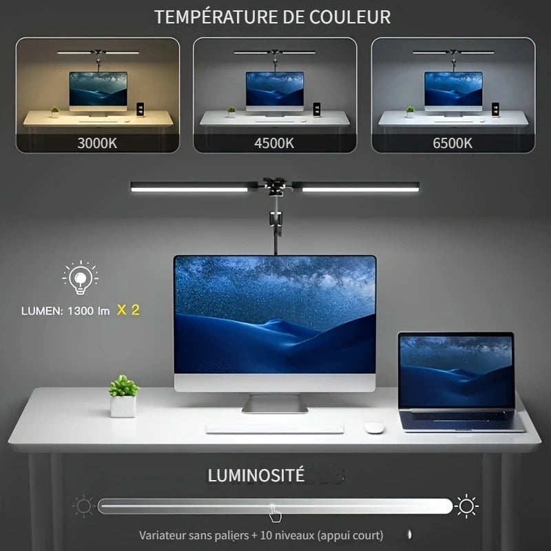 Lampe de bureau LED double tête à pince, 70 cm d'envergure