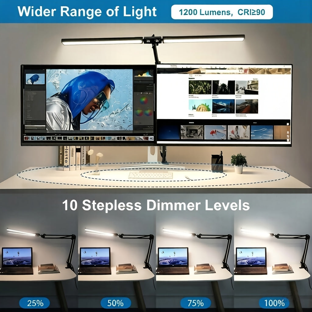 Lampe de bureau LED double tête à pince, 70 cm d'envergure
