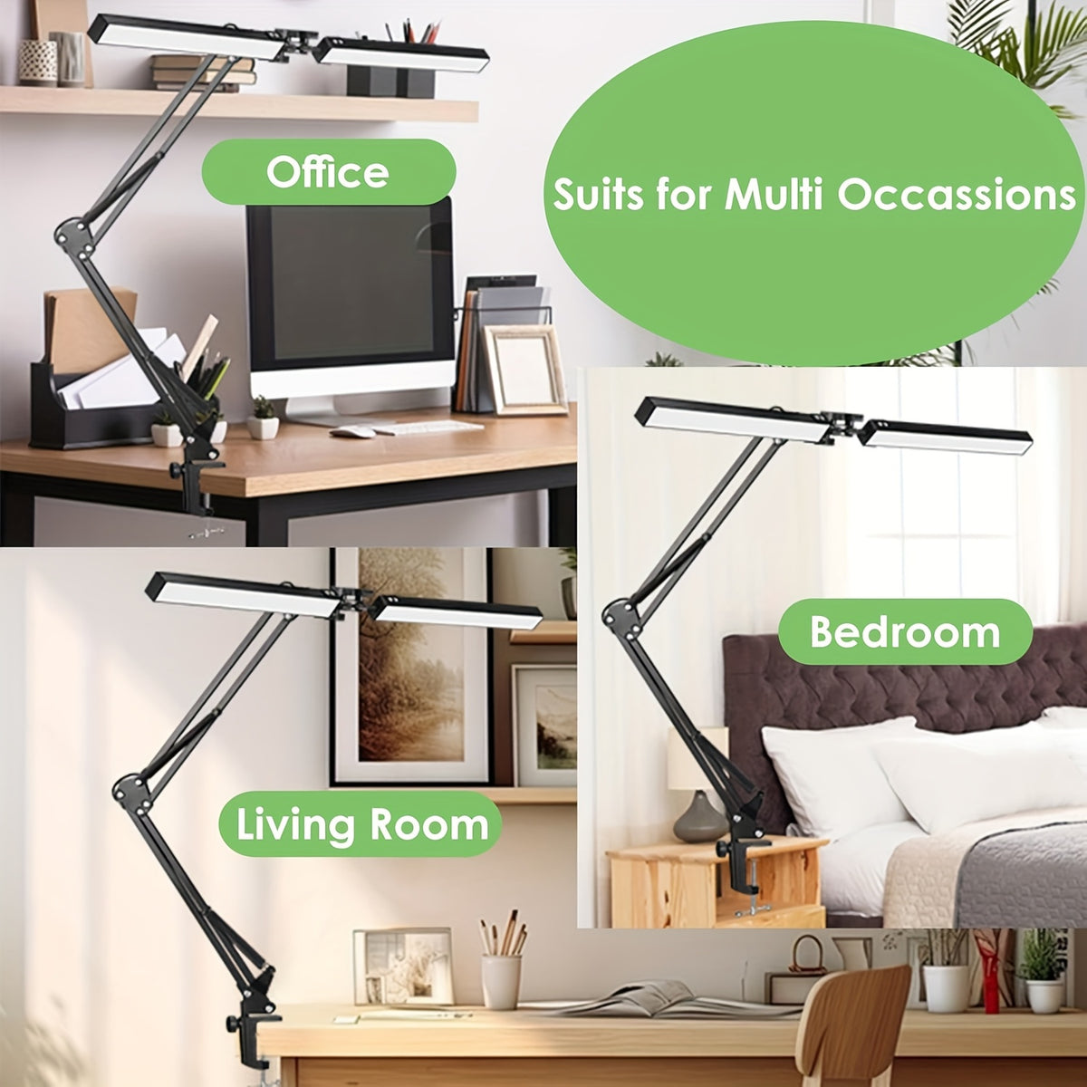 Lampe de bureau LED double tête à pince, 70 cm d'envergure