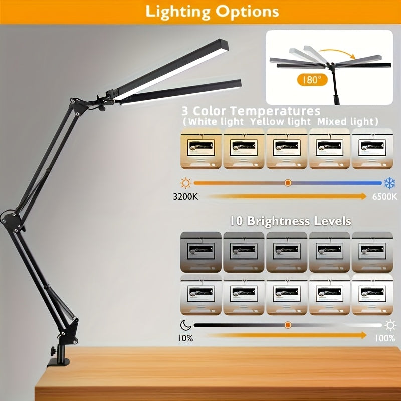 Lampe de bureau LED double tête à pince, 70 cm d'envergure
