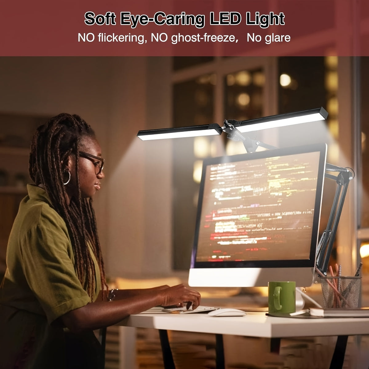 Lampe de bureau LED double tête à pince, 70 cm d'envergure