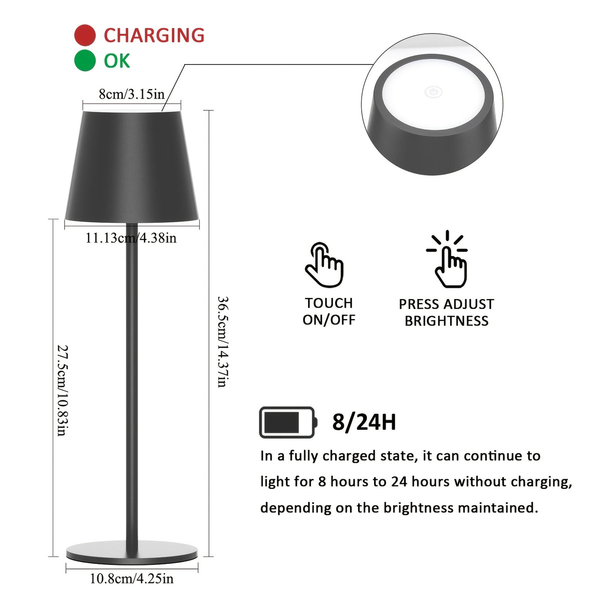 Lampe de bureau sans fil métal, paire de 36,5 cm à poser