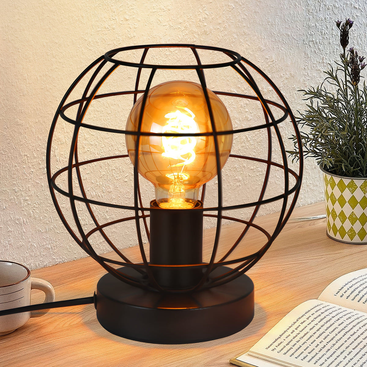 Lampe de bureau globe filaire noir mat, douille E27, 20 cm