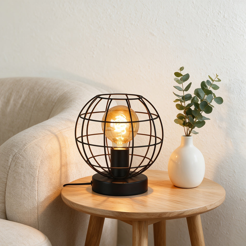 Lampe de bureau globe filaire noir mat, douille E27, 20 cm