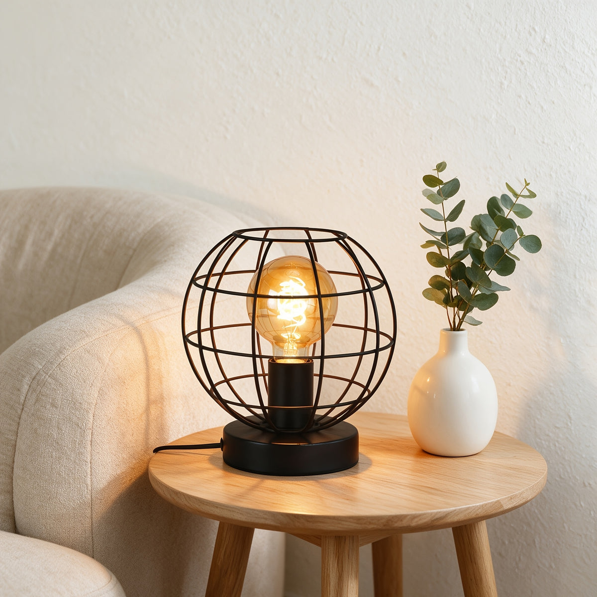 Lampe de bureau globe filaire noir mat, douille E27, 20 cm