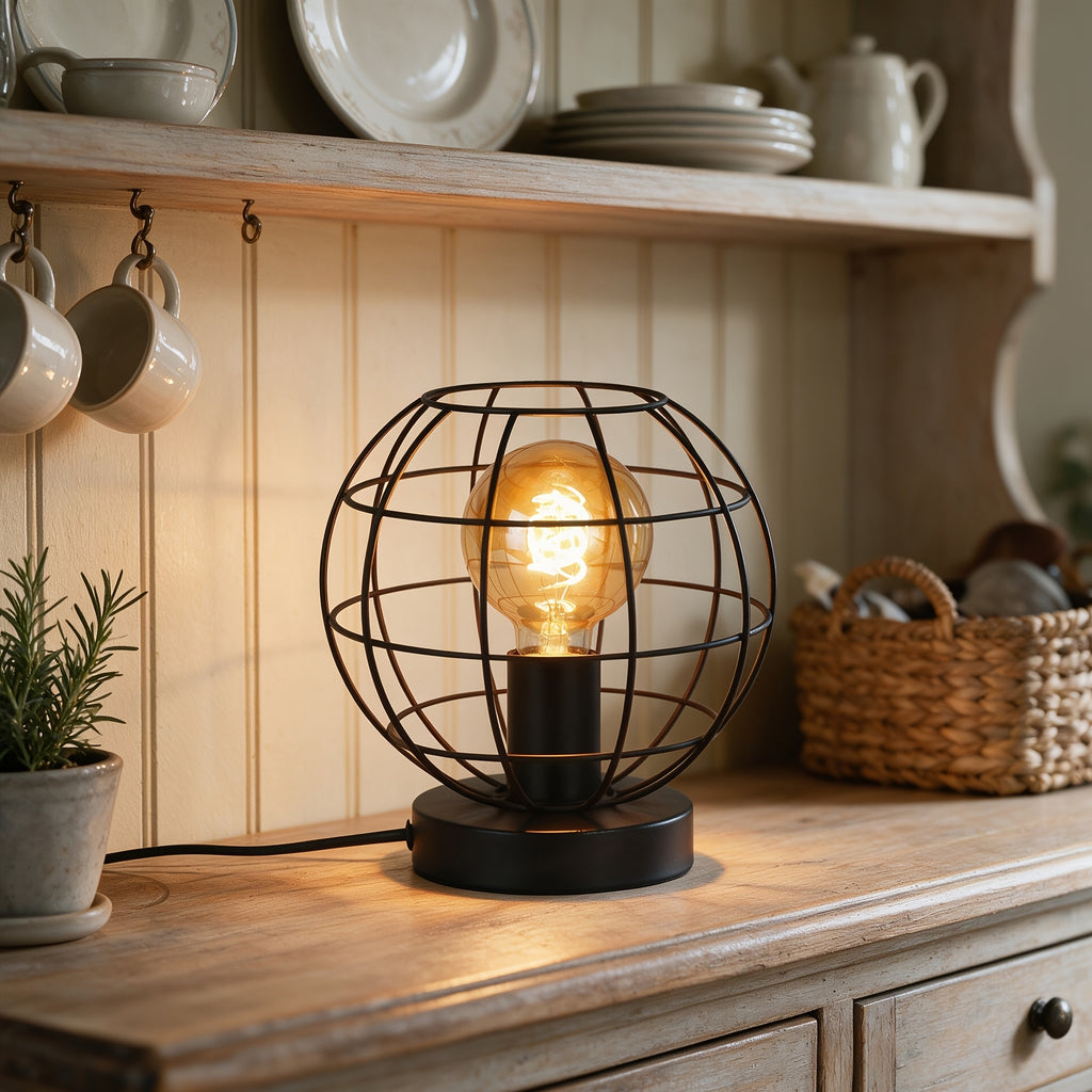 Lampe de bureau globe filaire noir mat, douille E27, 20 cm