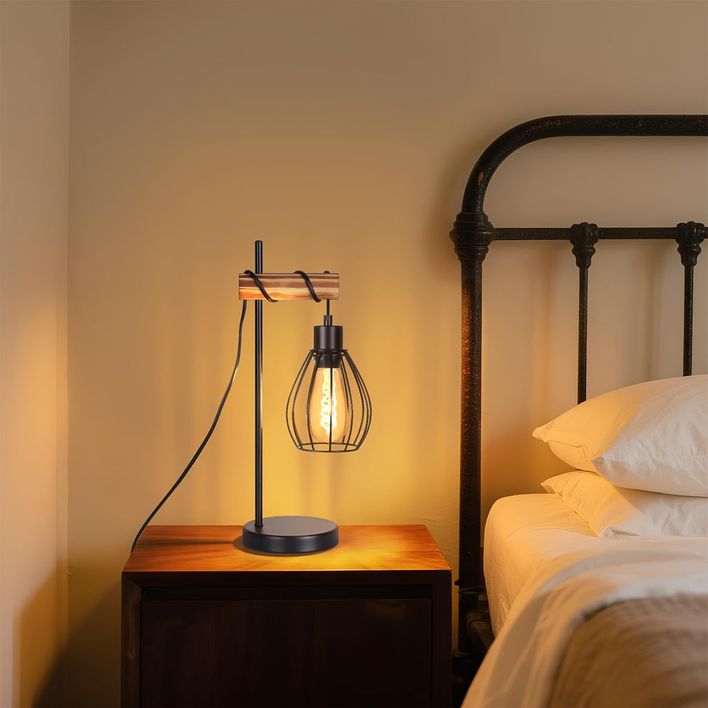 Lampe de bureau industrielle bois, cage goutte E27, 46 cm