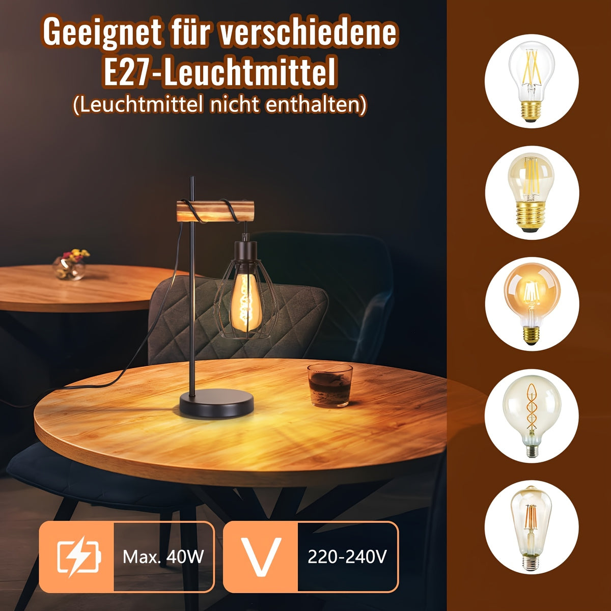 Lampe de bureau industrielle bois, cage goutte E27, 46 cm
