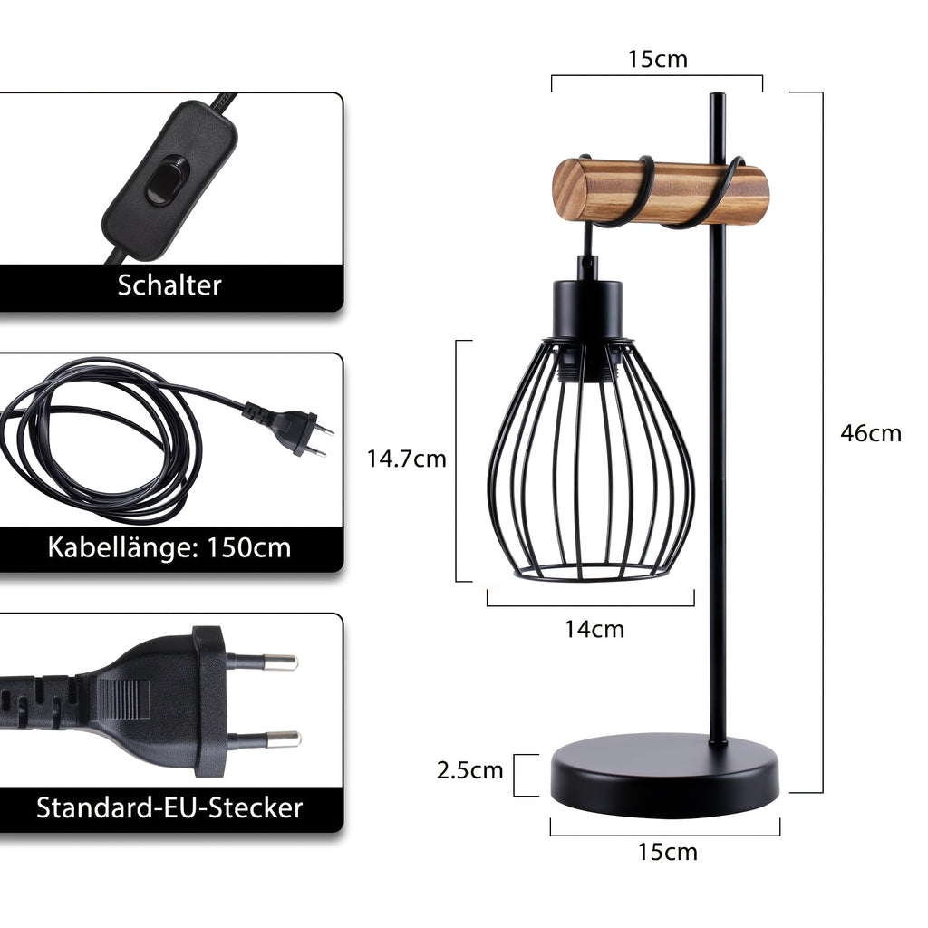 Lampe de bureau industrielle bois, cage goutte E27, 46 cm