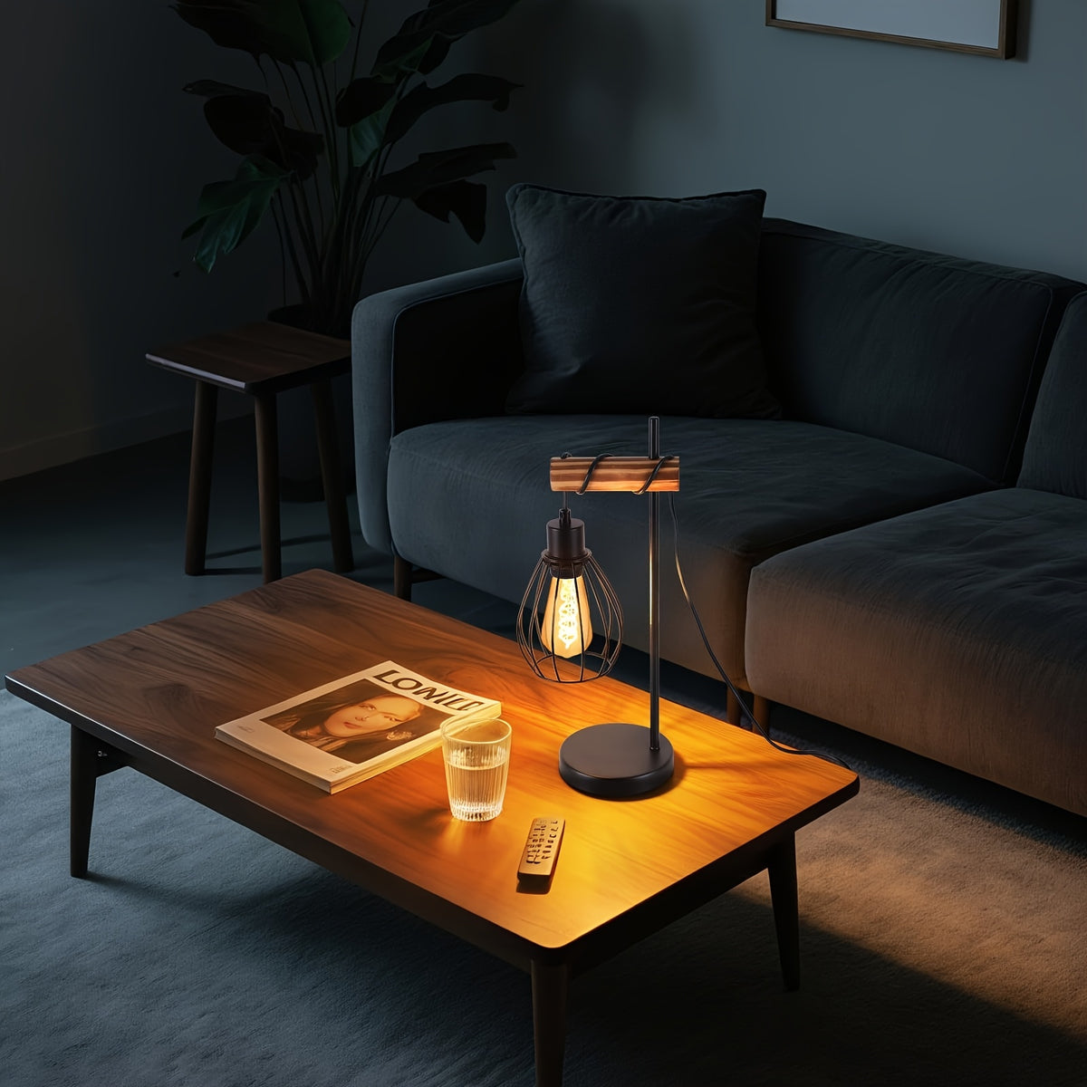 Lampe de bureau industrielle bois, cage goutte E27, 46 cm