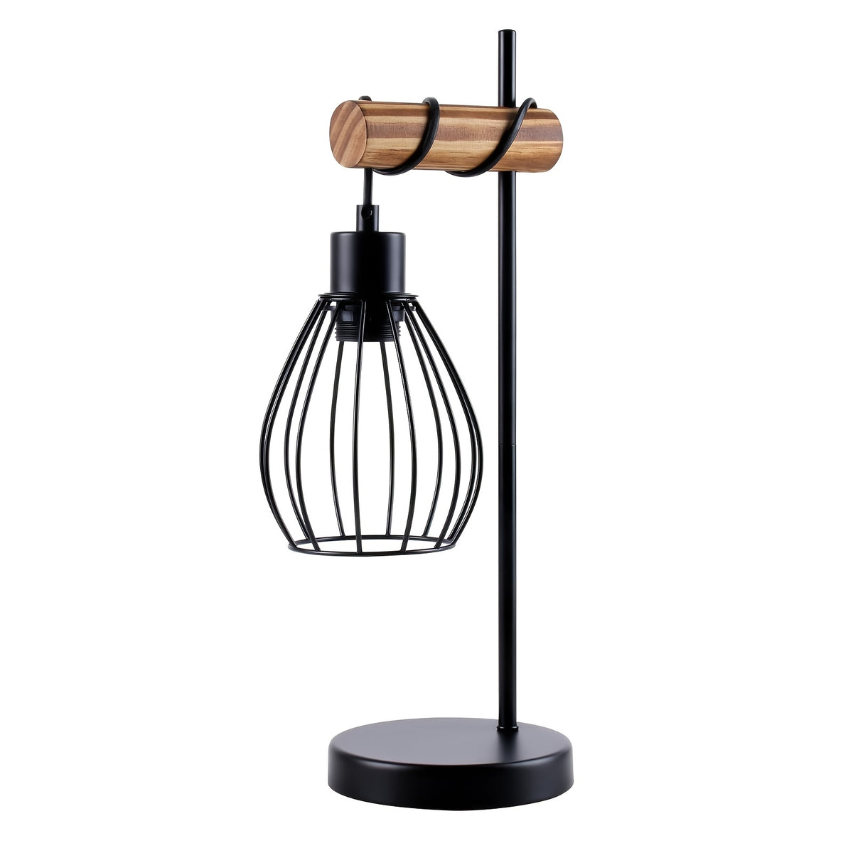 Lampe de bureau industrielle bois, cage goutte E27, 46 cm