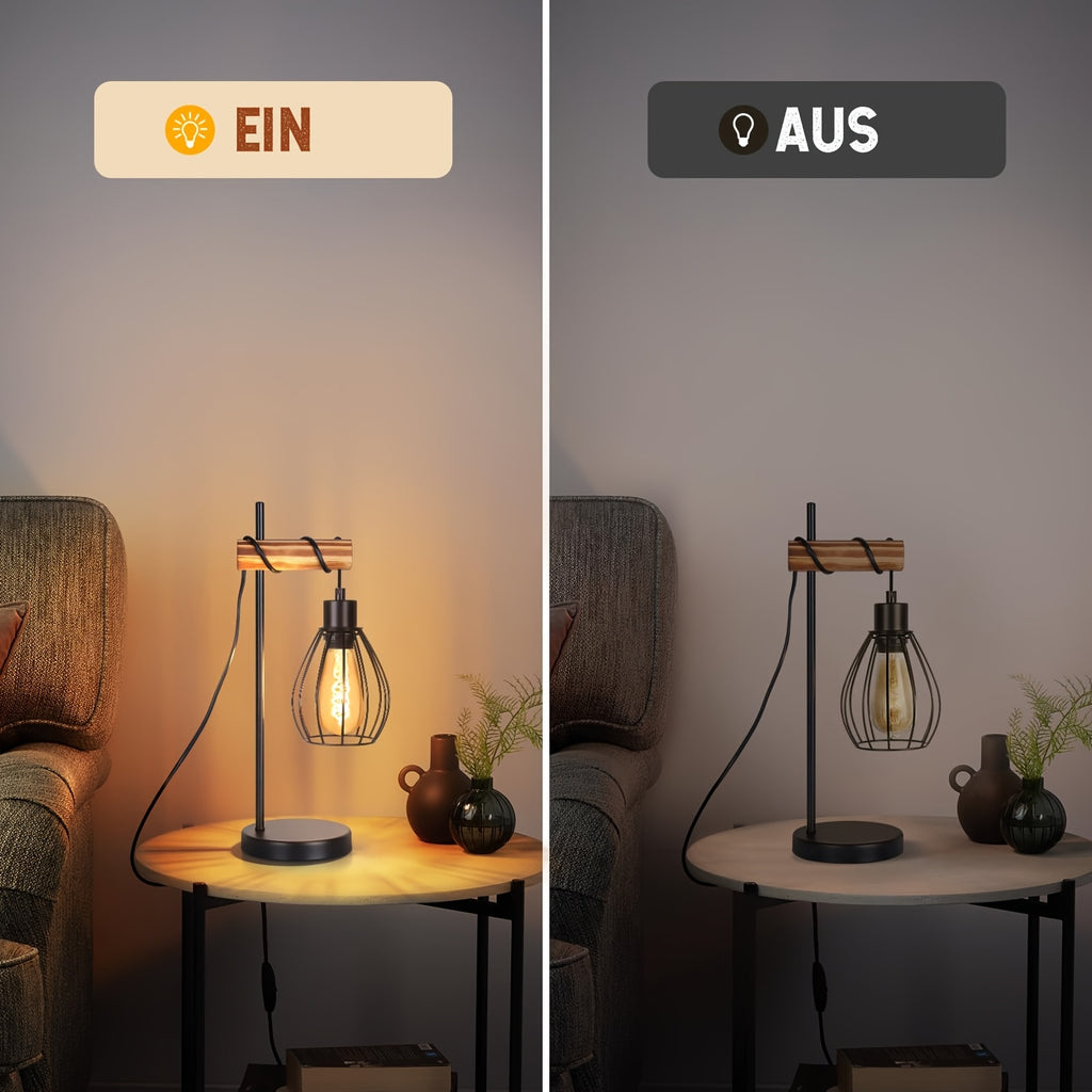 Lampe de bureau industrielle bois, cage goutte E27, 46 cm