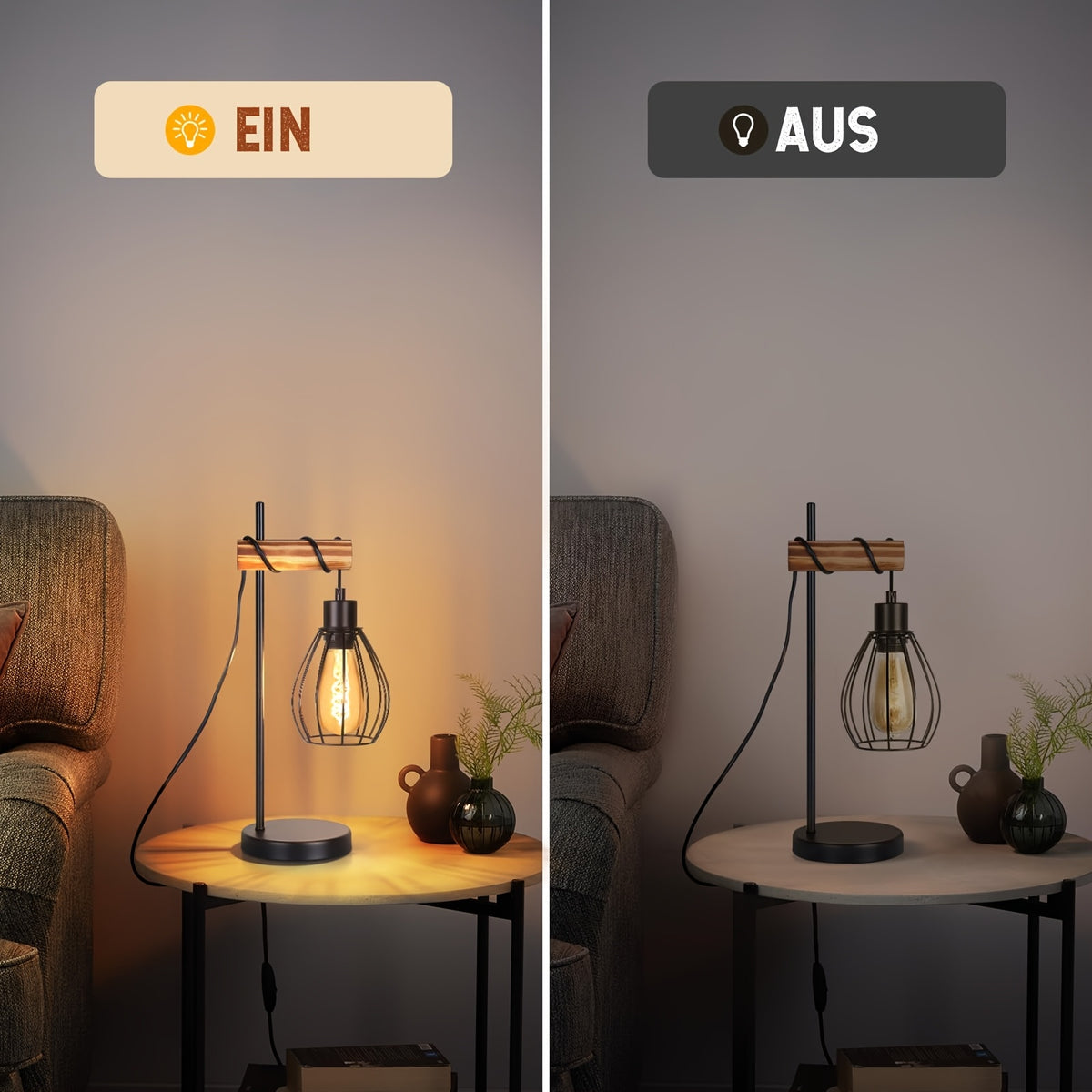 Lampe de bureau industrielle bois, cage goutte E27, 46 cm