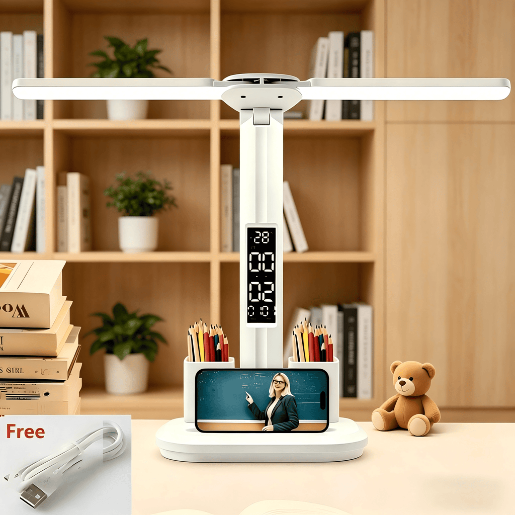 Lampe de bureau LED blanche double panneau de 33 cm à horloge