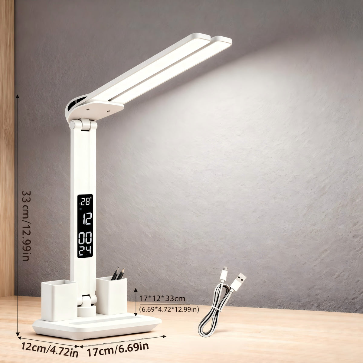 Lampe de bureau LED blanche double panneau de 33 cm à horloge