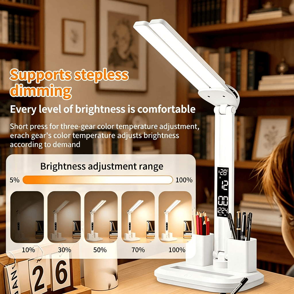 Lampe de bureau LED blanche double panneau de 33 cm à horloge