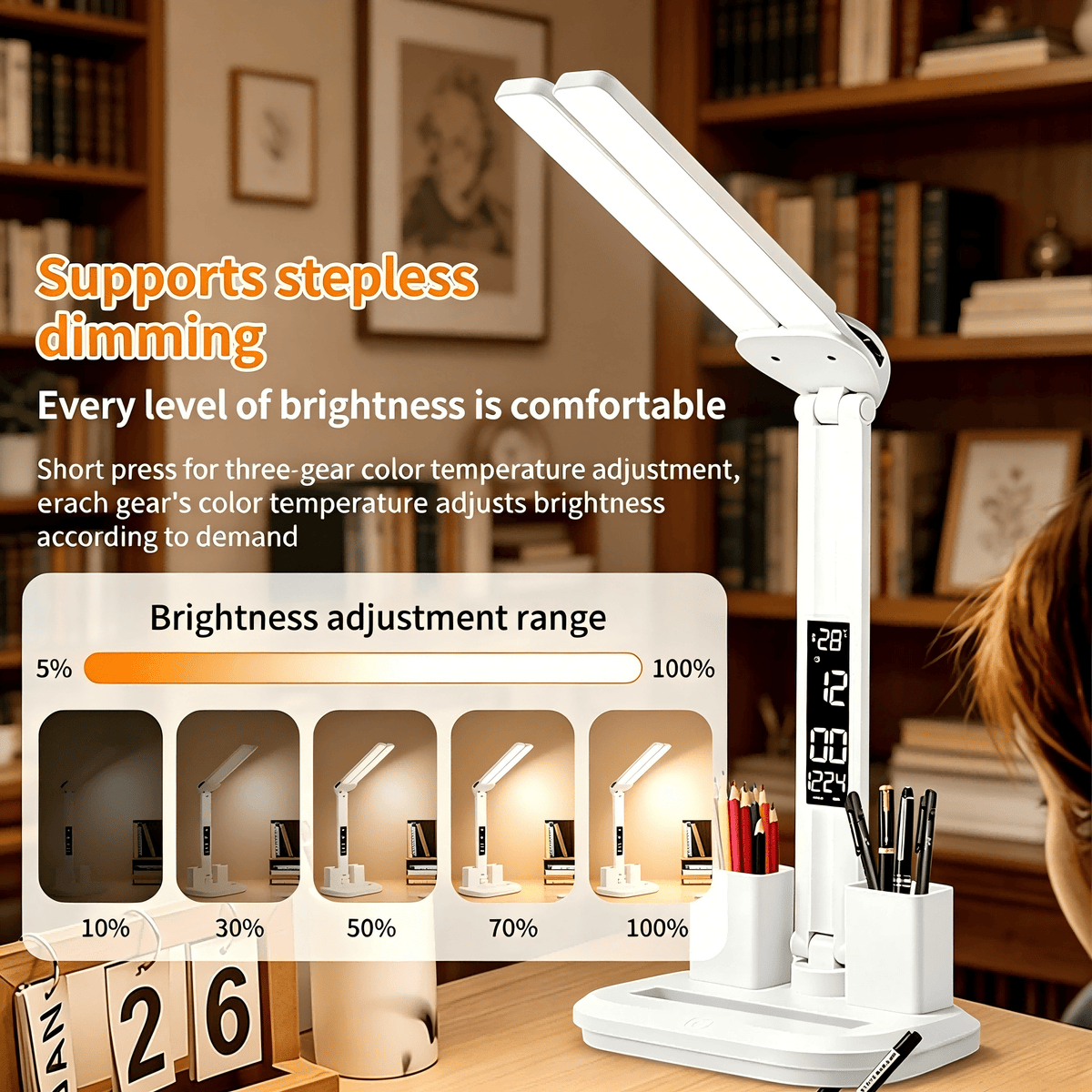 Lampe de bureau LED blanche double panneau de 33 cm à horloge
