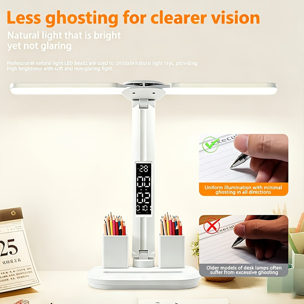 Lampe de bureau LED blanche pliante à écran heure et date
