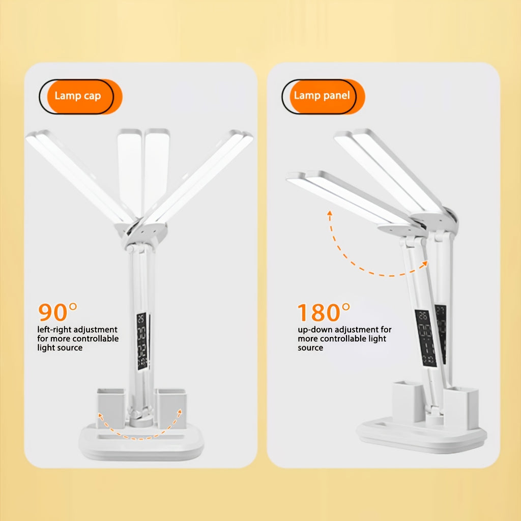 Lampe de bureau LED blanche pliante à écran heure et date